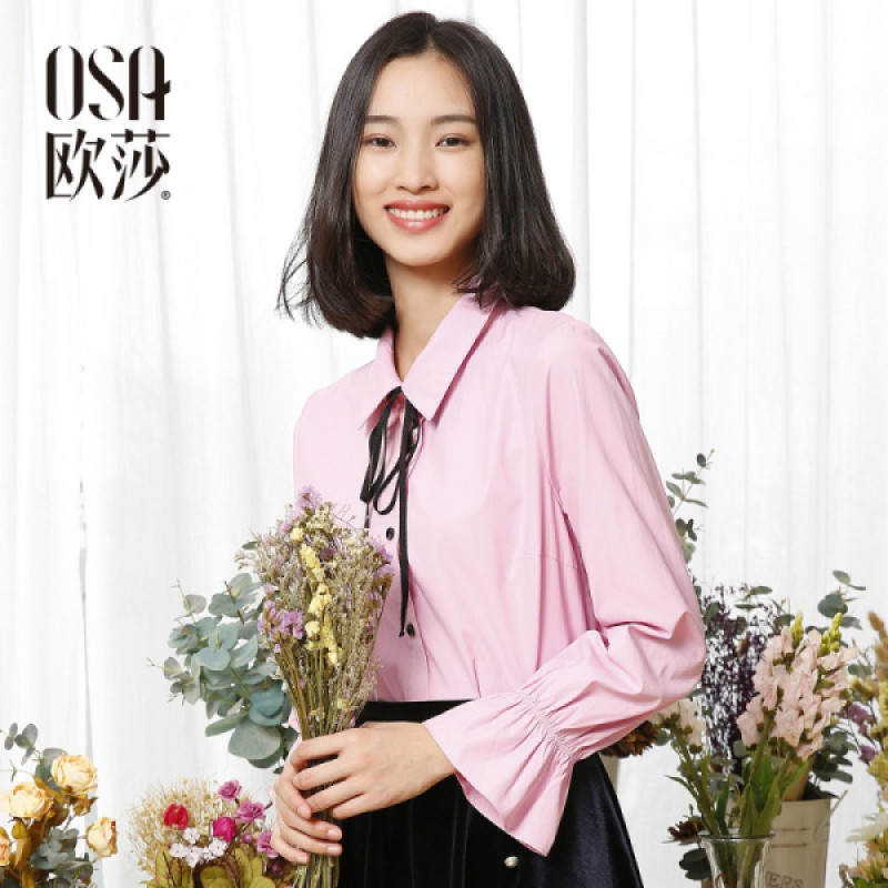OSA欧莎女装2017春装新品喇叭袖系带文艺清新衬衫_1 默认颜色 XL