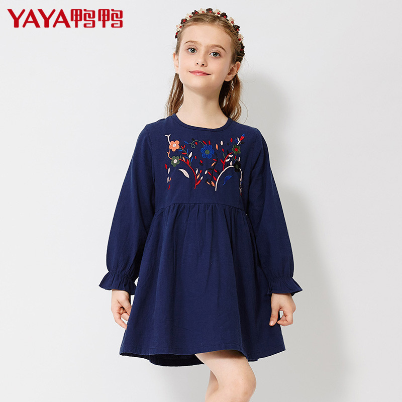 鸭鸭童装秋冬新款女童长袖印花裙子中大童时尚韩版连衣裙_VkV66 130cm 杏色