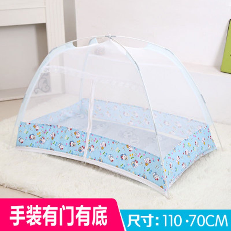 蒙古包婴儿蚊帐可折叠免安装加密带支架儿童床幼儿园宝宝蚊帐罩简约可爱小清新蚊帐 见详情图 手装有门有底70*110蓝