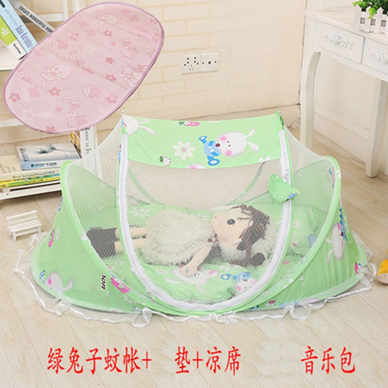 可爱卡通婴儿蚊帐罩宝宝蚊帐新生儿童蒙古包可折叠蚊帐小孩蚊帐罩男女宝宝床上用品 见详情 绿蚊帐+垫被+凉席+枕+音乐包