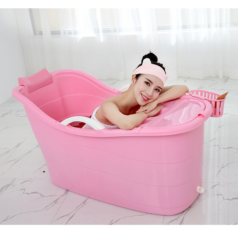 加厚泡澡桶家用塑料洗澡桶儿童浴缸大号浴盆带盖子_1 卡其色+礼包+1.2米