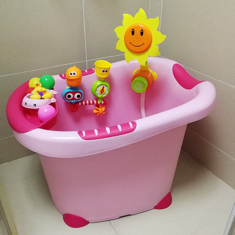 儿童浴缸洗澡桶加厚可坐加大号婴儿小孩泡澡桶宝宝沐浴桶感温浴盆 蓝色+向日葵+转转乐