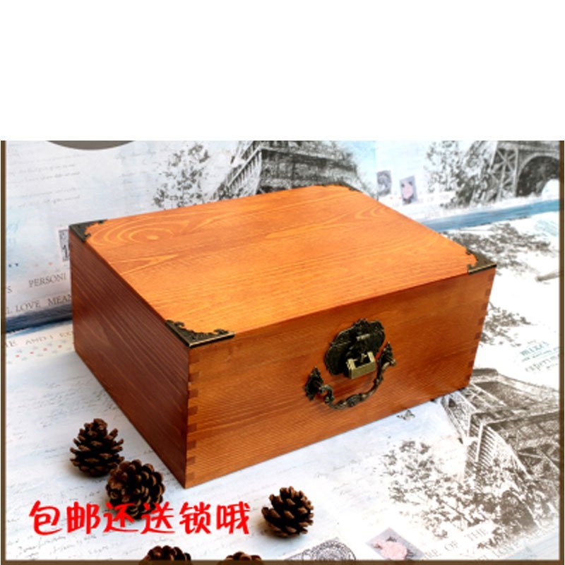 DIY实木质复古化妆品收纳盒带锁桌面首饰收纳盒子杂物小箱子多色多款多功能生活日用收纳用品时_9 大号无图案