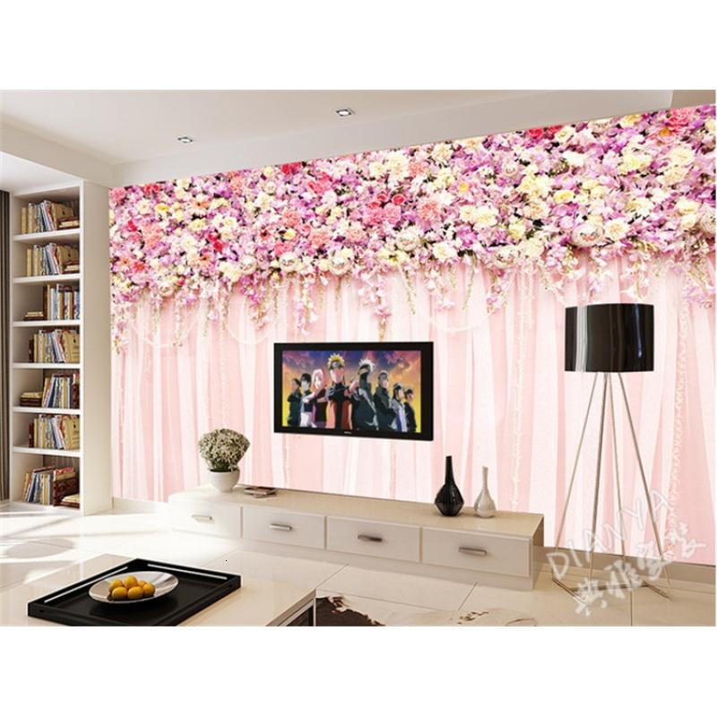 温馨粉色花卉蔷薇粉色纱帘墙纸卧室客厅沙电视背景走廊壁画壁纸_4 高档进口无缝无纺布（整幅）/平