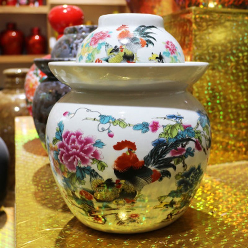 泡菜坛子家用加厚非玻璃泡菜坛四川腌菜储物清仓大号密封罐酵素桶多色多款多功能生活日用收纳用品_9 五彩锦鸡大号