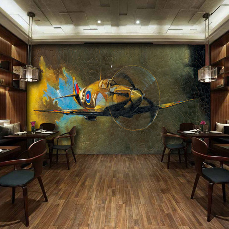 复古怀旧酒吧壁纸咖啡厅服装店抽象背景墙loft工业风墙纸壁画飞机_0 高档无缝珍珠布（整幅）