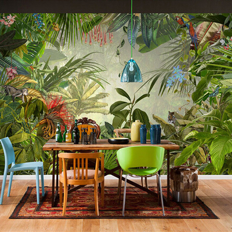 东南亚风格手绘热带雨林芭蕉叶壁纸餐厅客厅电视背景墙纸墙画_4 高档无缝真丝（整幅）