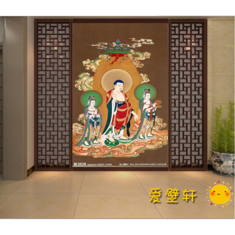 无缝3d立体大型壁画客厅玄关佛堂墙壁纸佛教佛像西方三圣接引图_5 高档无缝无纺布（整幅）