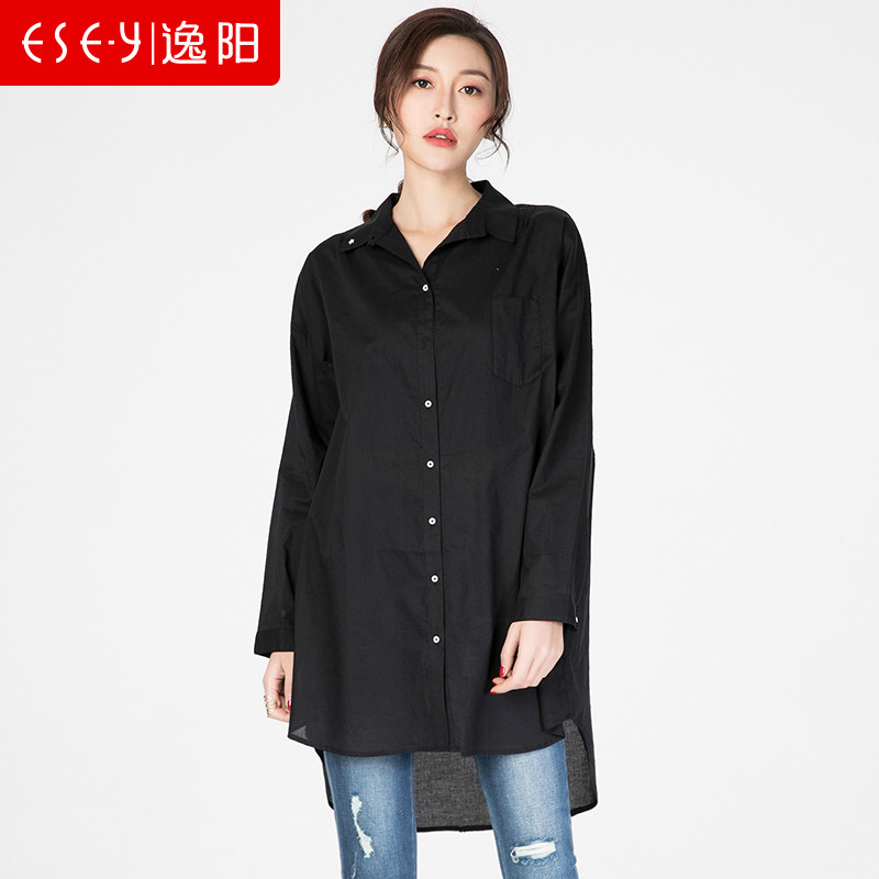 2018春夏新款女装纯色韩版宽松休闲中长款衬衫女清仓1575K L 黑色