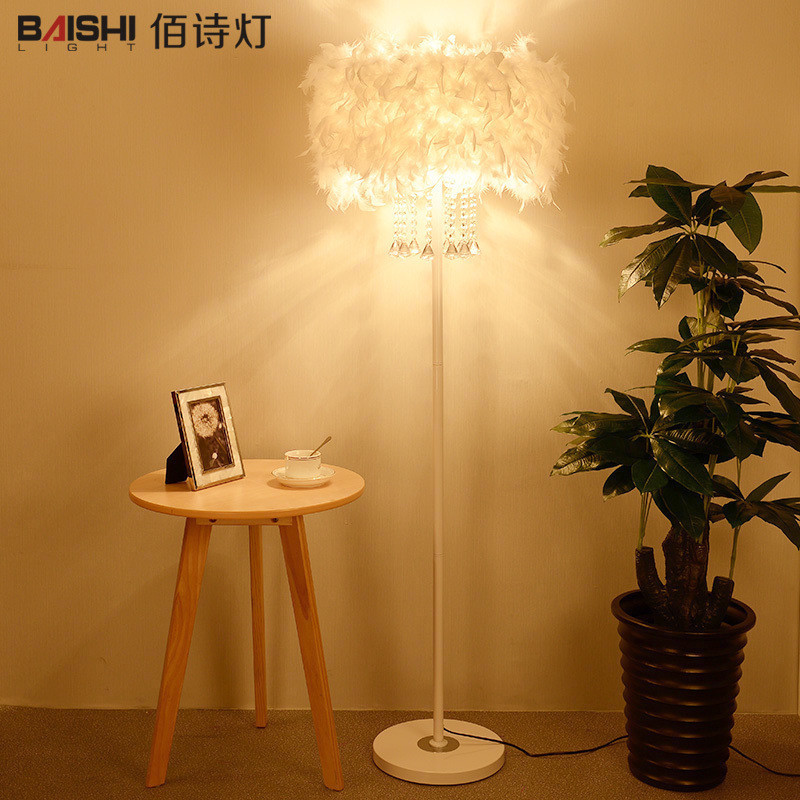 水晶羽毛落地灯客厅书房卧室床头灯简约现代遥控温馨公主装饰台灯1523323957276 白色浓密羽毛带水晶+脚踏开关+7W七彩变光