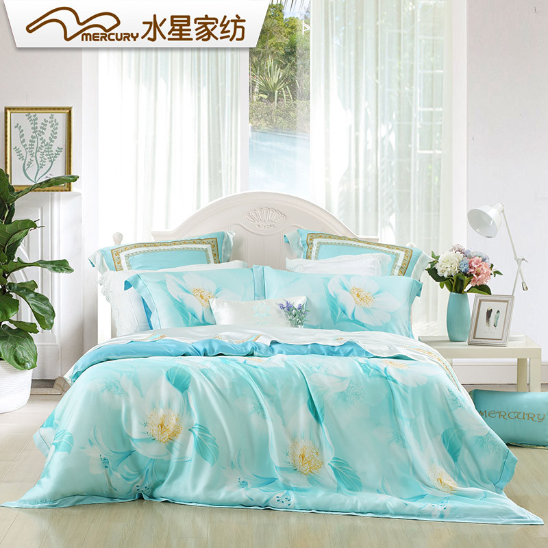 水星家纺 双面天丝贡缎活性印花三/四件套床上用品蓝溪 2018新品 1.2m床 蓝溪
