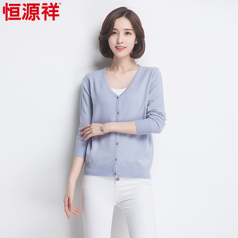 恒源祥2018新款女装春装羊毛衫毛衣外搭V领短款针织衫女开衫外套_2 160/95/M 2号兰灰