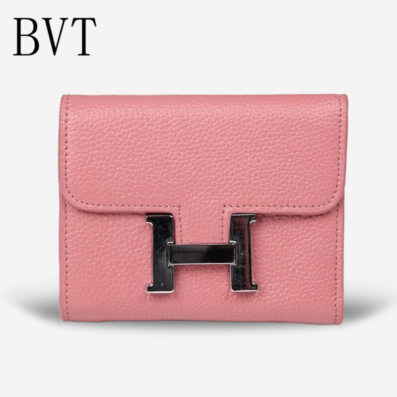 BVT女士真皮短款钱包欧美时尚H锁扣时尚钱夹多卡位手抓包 浅粉