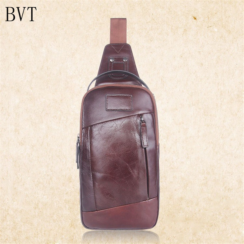 BVT真皮胸包男士斜挎包韩版休闲包背包男包小包软皮腰包新款潮 棕色