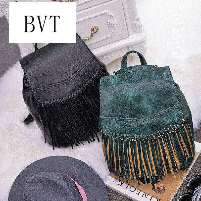 BVT新款流苏多用包双肩手提包复古时尚包单肩包 黑色