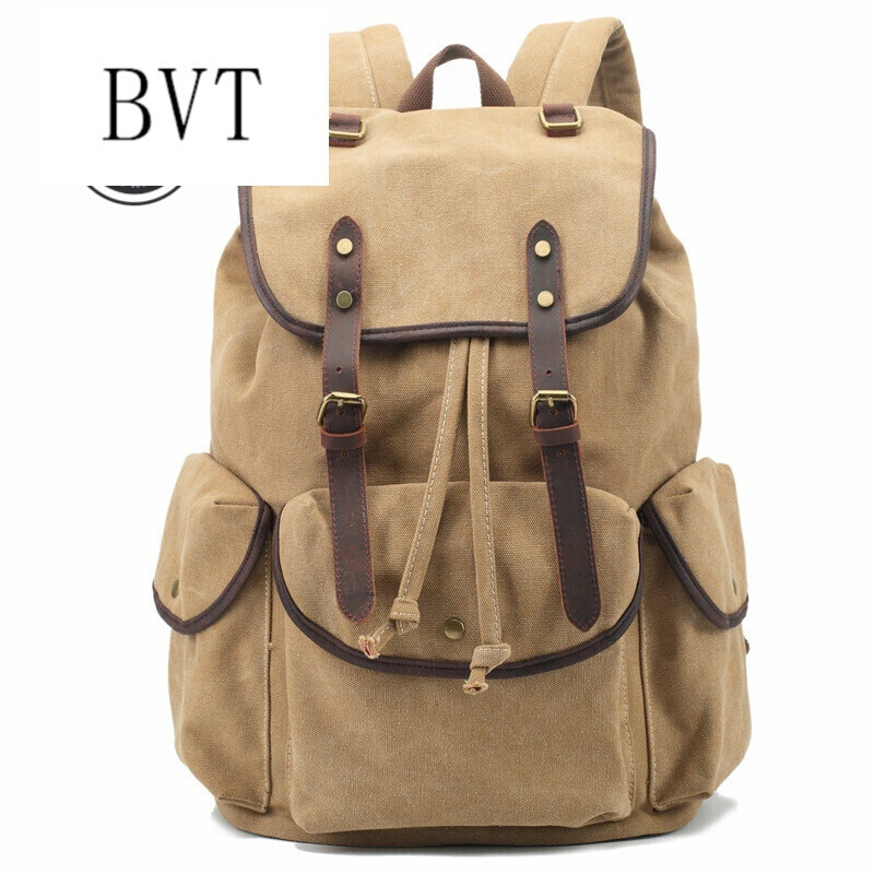 BVT双肩包新款时尚休闲帆布包休闲简约轻便背包欧美复古大容量旅行包 卡其色