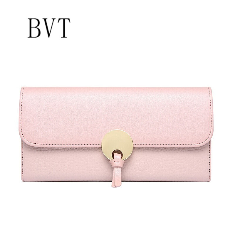 BVT女士钱包头层牛皮手包女士长款手拿包韩版时尚女式多卡位钱包 粉红色