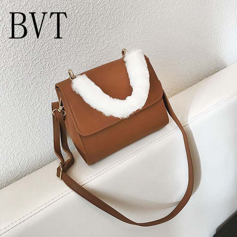 BVT秋冬新款韩版毛毛手提包女时尚简约单肩斜挎休闲小包包女包 棕色