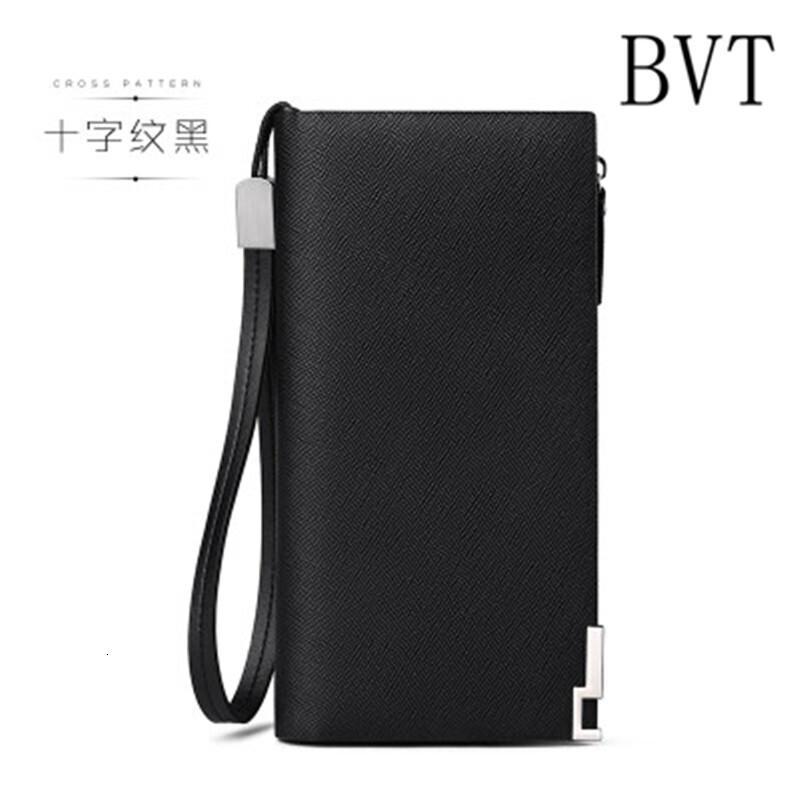 BVT男士真皮手拿包牛皮长款拉链钱包多功能商务手机包男款手挽包_0 十字纹黑