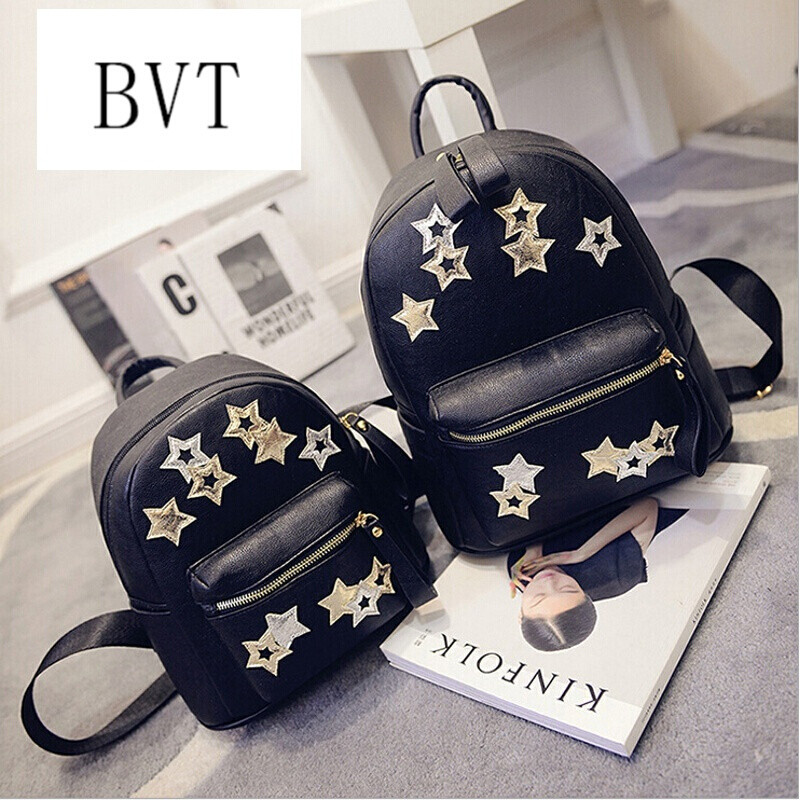 BVT新款双肩包女新款大小号韩版双肩包学生书包女士背包五星时尚女包 金银五星小号