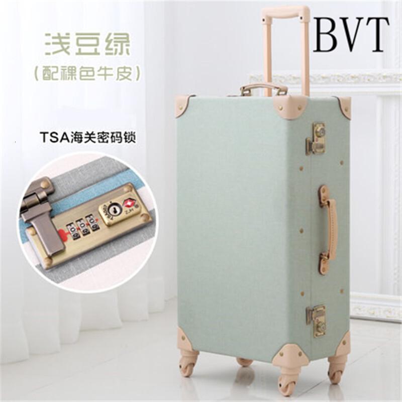 BVT复古文艺拉杆箱密码箱20寸登机箱复古海关女森女系24寸牛皮行李箱静音轮26寸旅行箱_9 24寸 浅豆绿海关锁