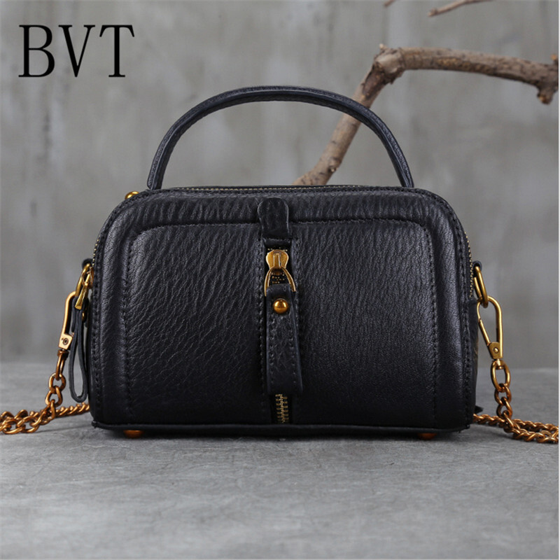 BVT时尚女包拉链单肩包韩版链条小方包软牛皮斜挎包潮流波士顿包黑色 默认颜色