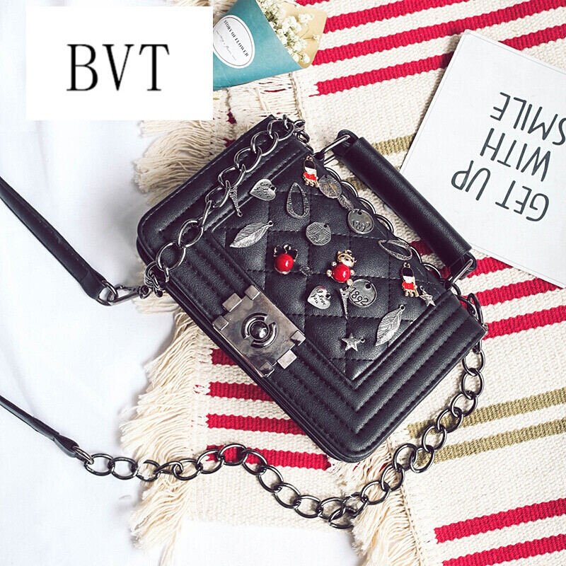 BVT新款潮流菱格复古单肩包休闲手提百搭斜跨女包黑色 默认颜色
