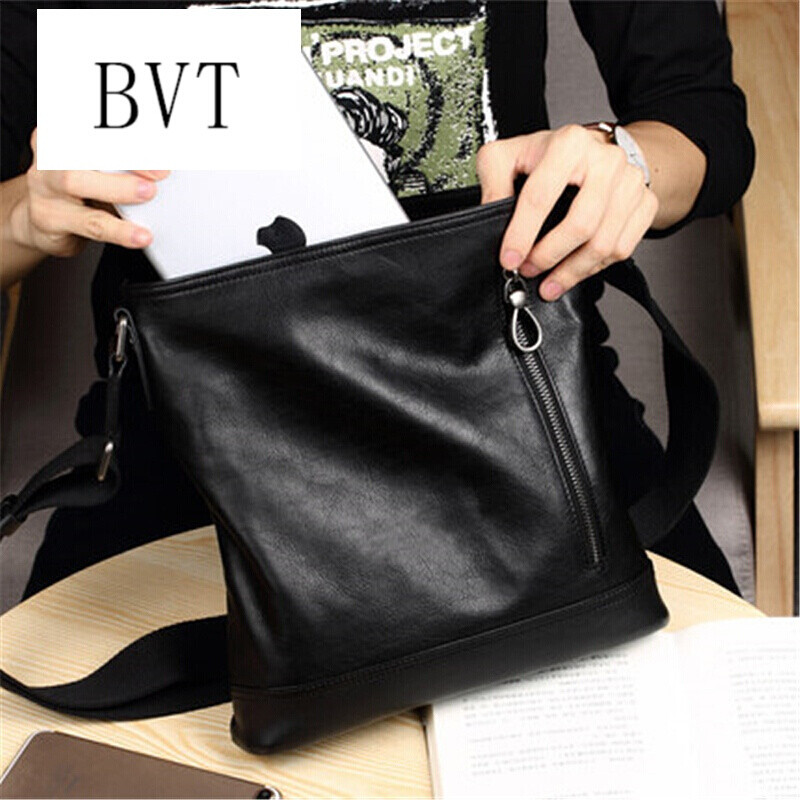 BVT单肩包头层牛皮男士挎包软皮休闲斜挎包韩版潮时尚竖款男包黑色 默认颜色