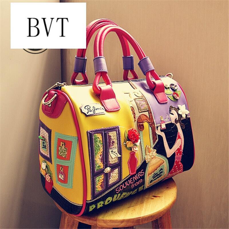 BVT手提包新款女包欧美包包手工刺绣立体装饰大容量女包单肩挎包_7 玫瑰红色