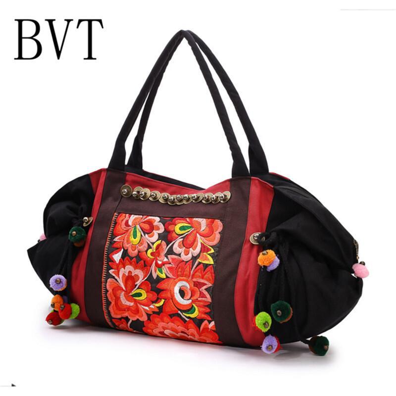 BVT女包特色民族风包包女绣花包帆布刺绣手提单肩大包撞色吊坠挎包黑红色_7 默认颜色
