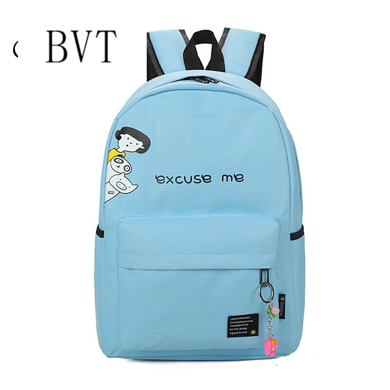 BVT书包女韩版印花学院风高中学生书包帆布小清新休闲双肩包 天蓝