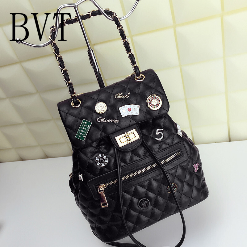 BVT双肩包学院风女防水书包抽带水桶包旅行背包撞色皮扣多功能斜挎包 黑色