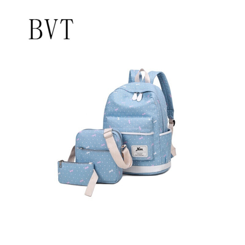 BVT帆布双肩包学生日韩学院风高中学生书包校园女旅行背包蝴蝶结子母包 浅蓝色