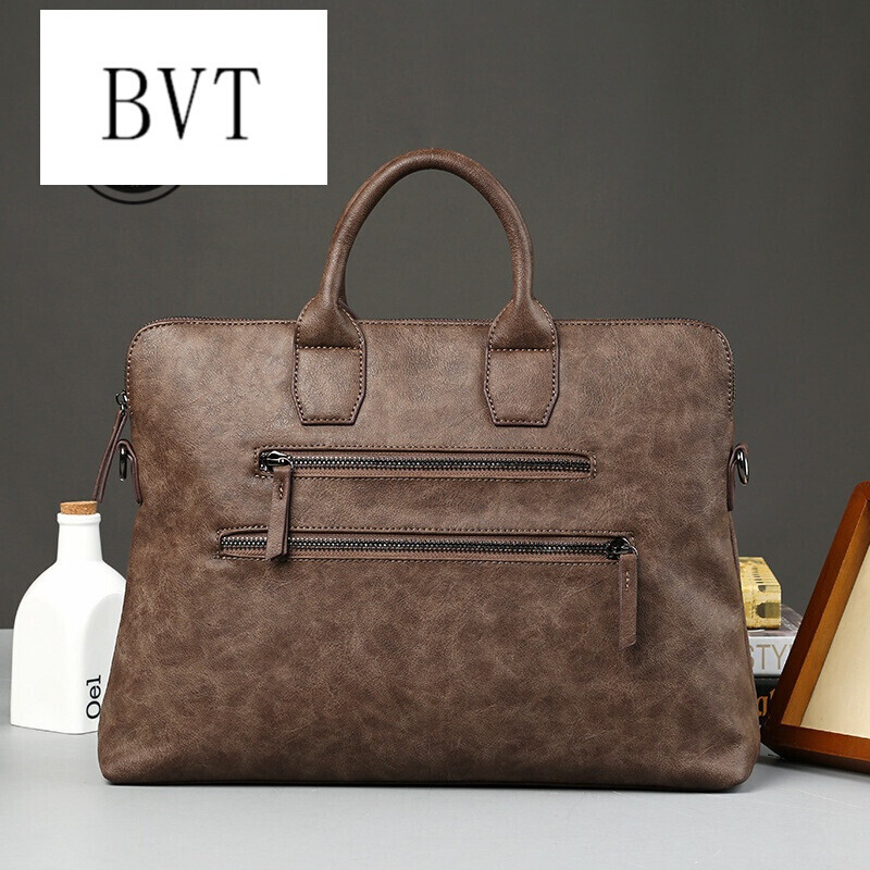 BVT男士手提包复古疯马皮单肩斜挎包潮流男包商务休闲公文包文件包咖色 默认颜色