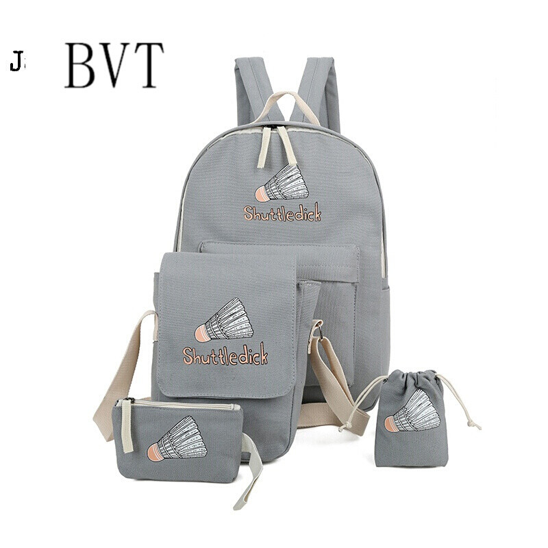 BVT双肩包女新款帆布四件套背包女学院风简约书包初高中学生女校园潮 灰色