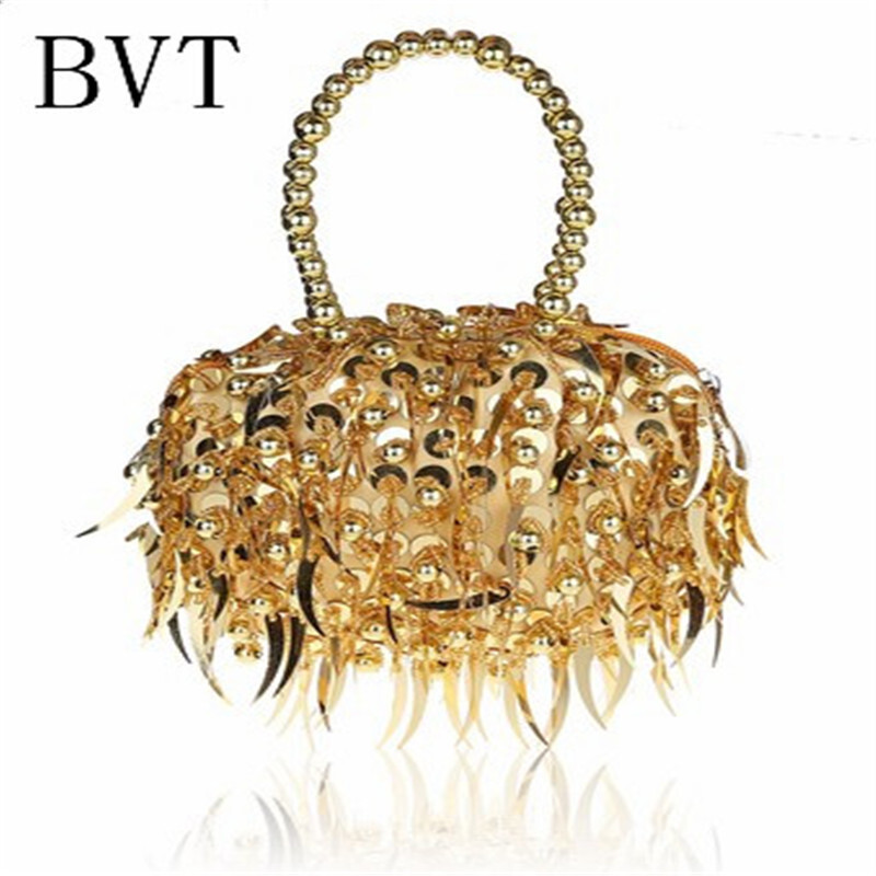 BVT新款女式手提包串珠亮片时尚潮流手腕包气质晚宴包 金色