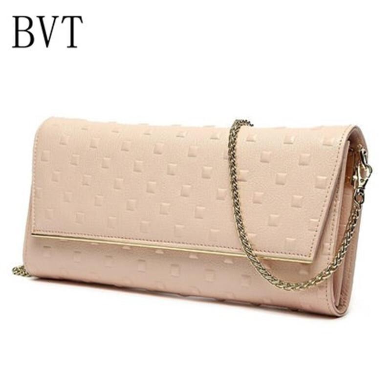 BVT韩版长款大容量手包女手拿包真皮链条女包包百搭名媛包单肩斜挎潮包_1 粉红色