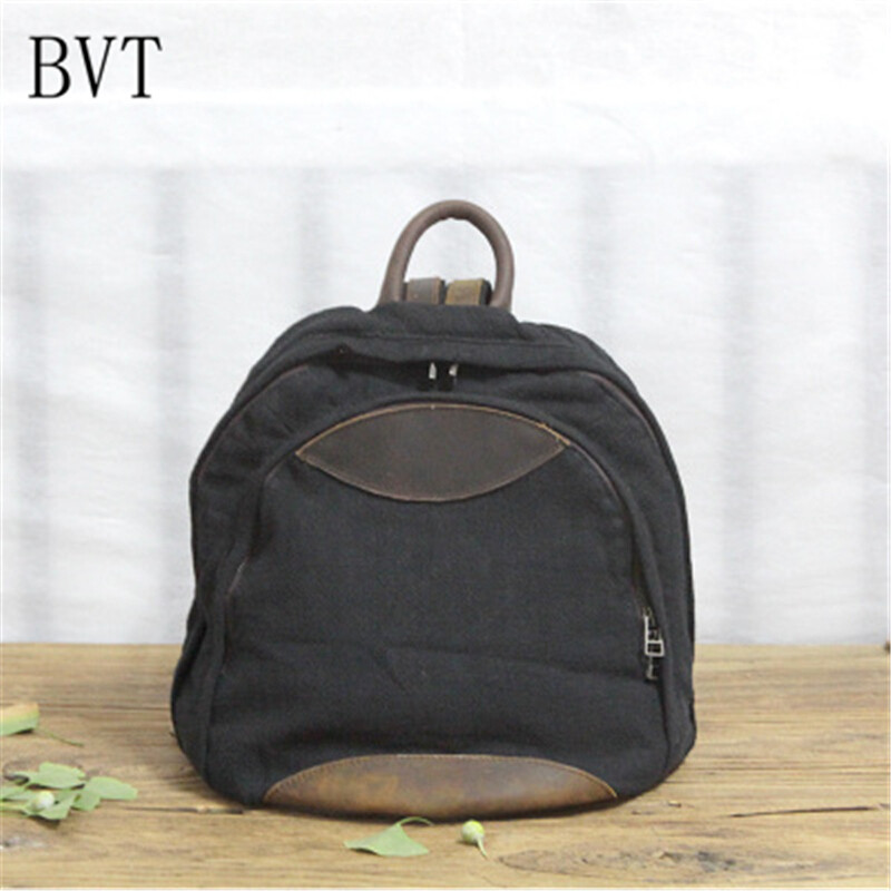 BVT文艺布包韩版迷你双肩包女棉麻布包帆布包休闲学生百搭小背包女包 黑色