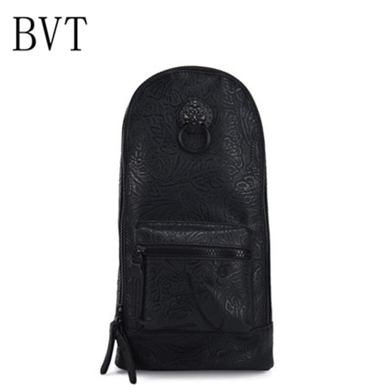 BVT胸包男软皮压花纹狮子头男女骑行单肩斜跨包创意个休闲背包_5 黑狮子头