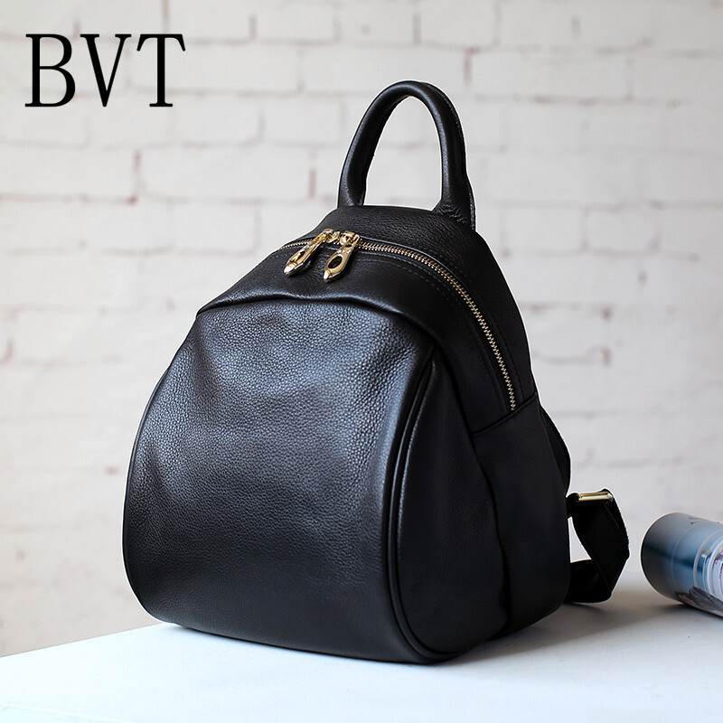BVT真皮双肩包休闲迷你包包牛皮背包软皮街头时尚校园小书包黑色 默认颜色