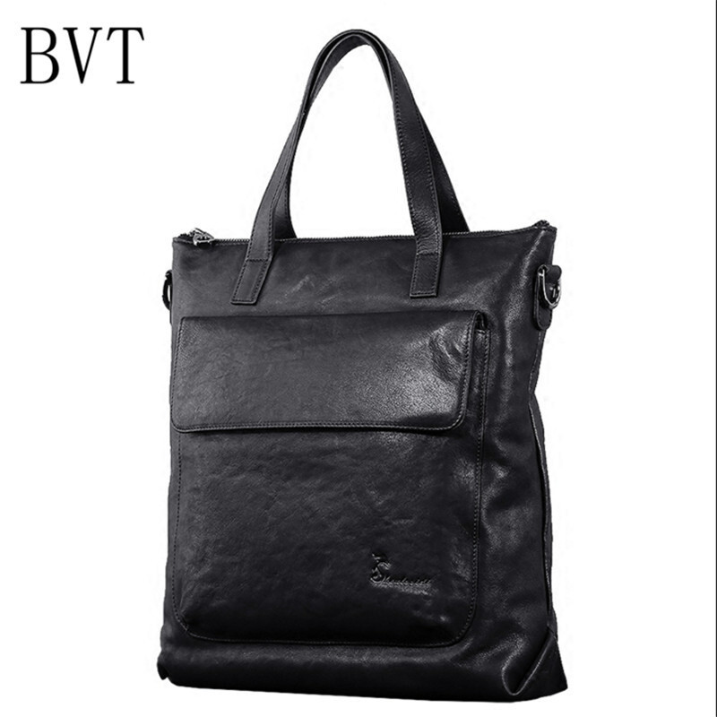 BVT男士商务手拎包竖款牛皮手提公务文件包大容量真皮单肩斜跨公文包黑色 默认颜色