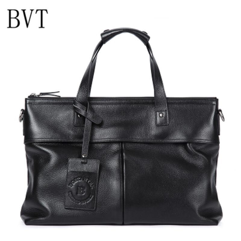 BVT男士手提包真皮商务男包横款单肩斜跨休闲包包公文皮包潮_1 黑色