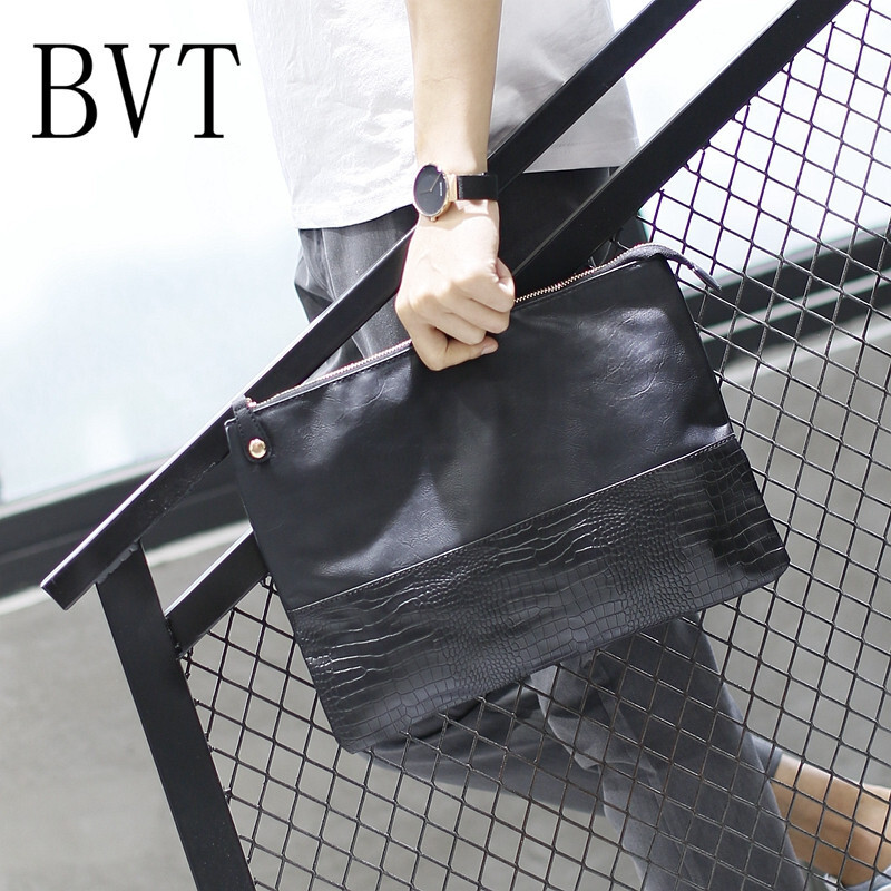 BVT男士复古手拿包软皮鳄鱼纹手抓包IPAD信封文件包夹包黑色 默认颜色