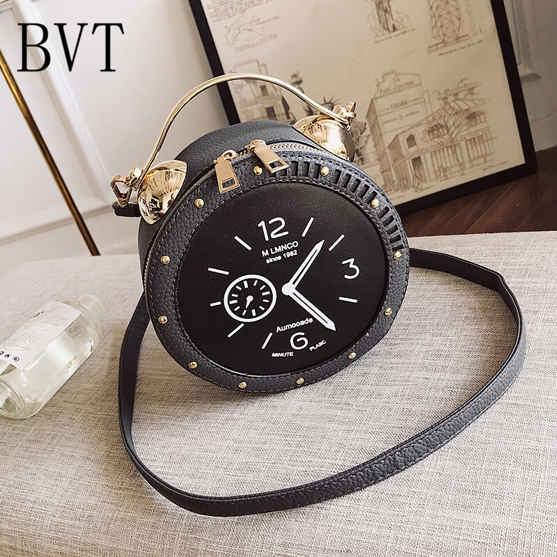 BVT创意卡通闹钟小圆包造型潮手提小包包斜挎包个性韩版 ;灰色;