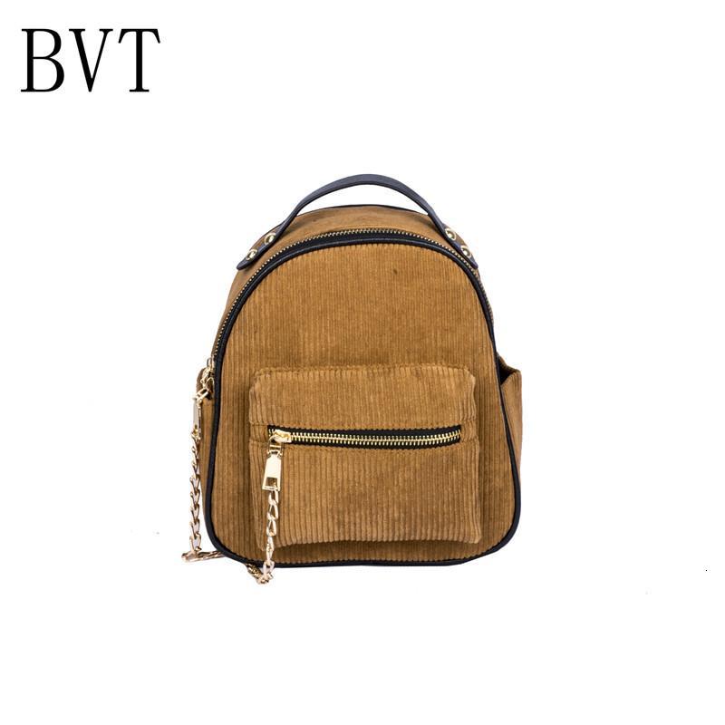 BVT灯芯绒条绒双肩包女学生迷你小背包简约百搭链条文艺复古旅行包潮_5 棕色