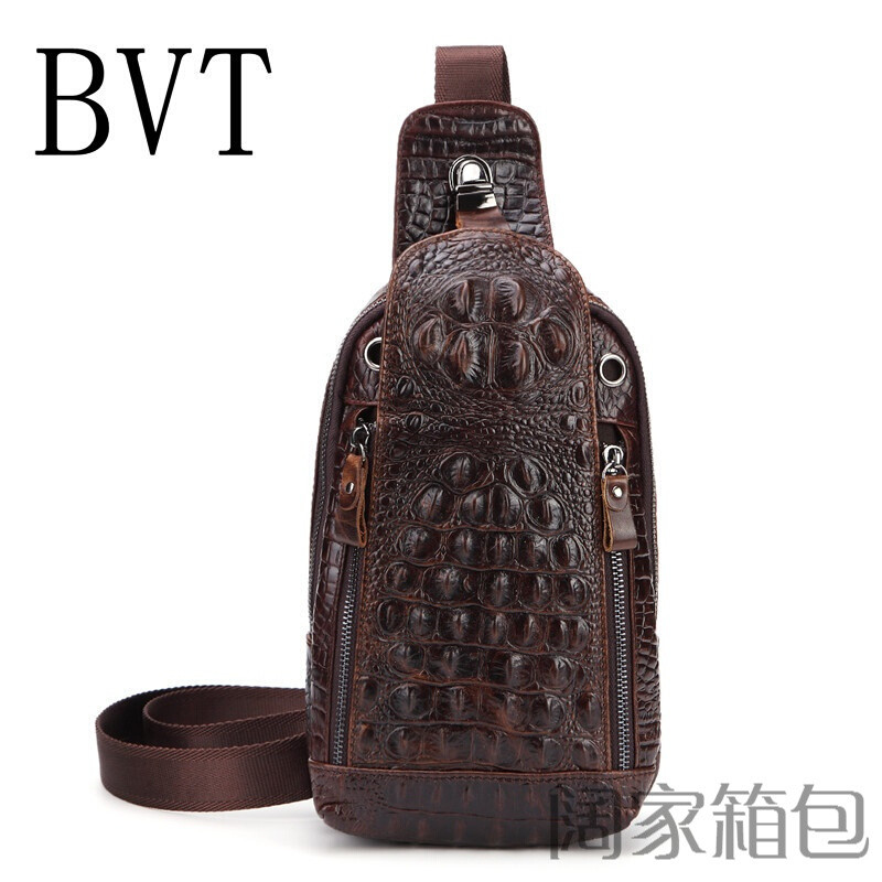 BVT胸包男士真皮单肩包男休闲斜挎包鳄鱼纹运动包复古牛皮潮男腰包鳄鱼纹 默认颜色