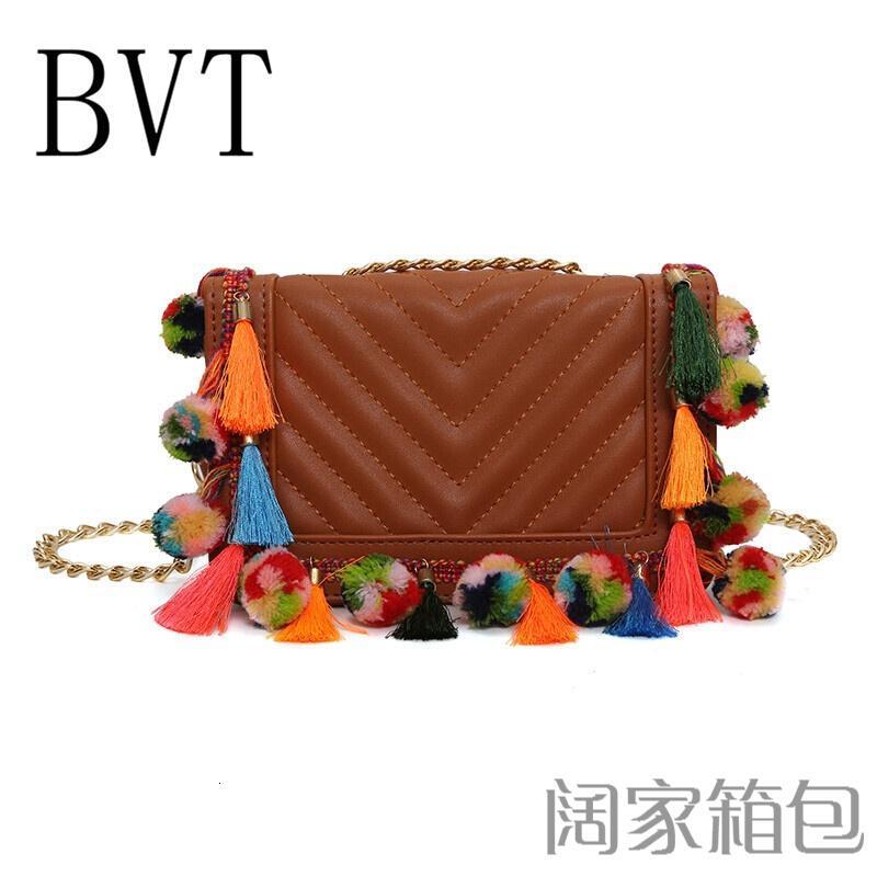 BVT小包包女杀手包时尚小香风链条包流苏小方包车缝线链条单肩斜挎包_6 棕色