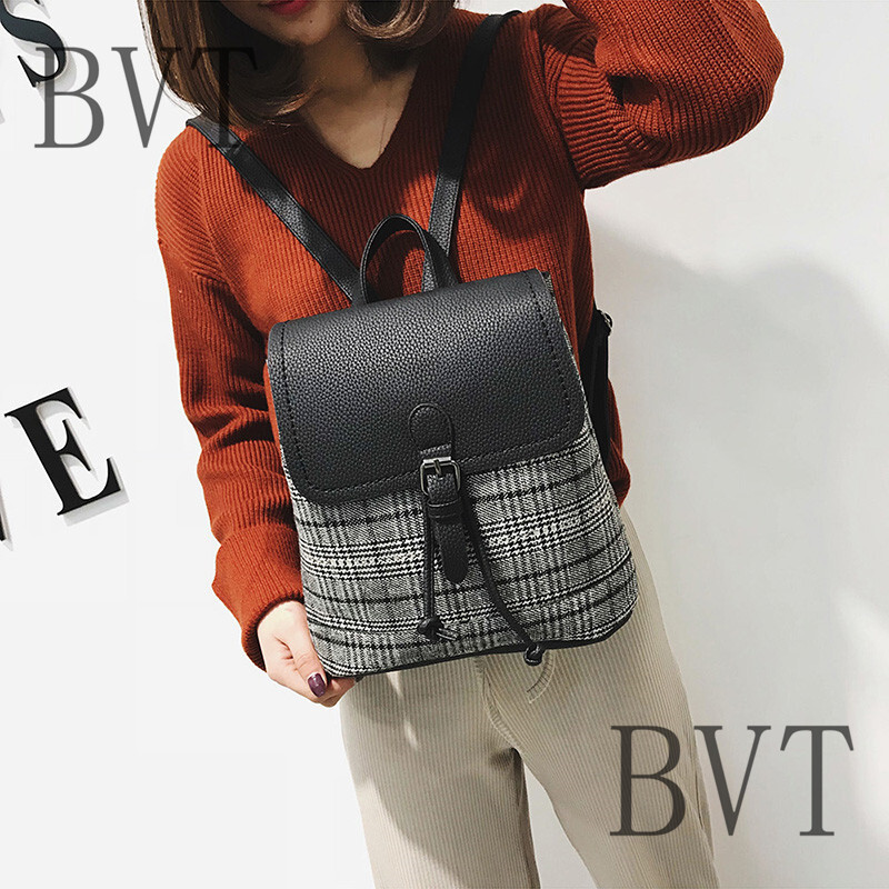 BVT新款女包格子小双肩包女校园撞色呢子小背包旅行小包包潮 黑色