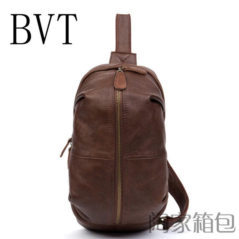 BVT男士软牛皮斜挎包手工胸包大容量休闲背包欧美做旧真皮复古胸包棕色_0 默认颜色