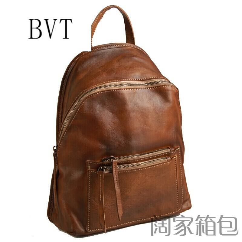 BVT牛皮双肩包女韩版学生书包时尚复古包休闲双肩背包简约_1 浅咖啡